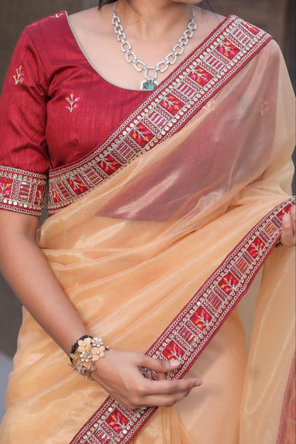 Cream Designer Tissue Zari Silk Saree