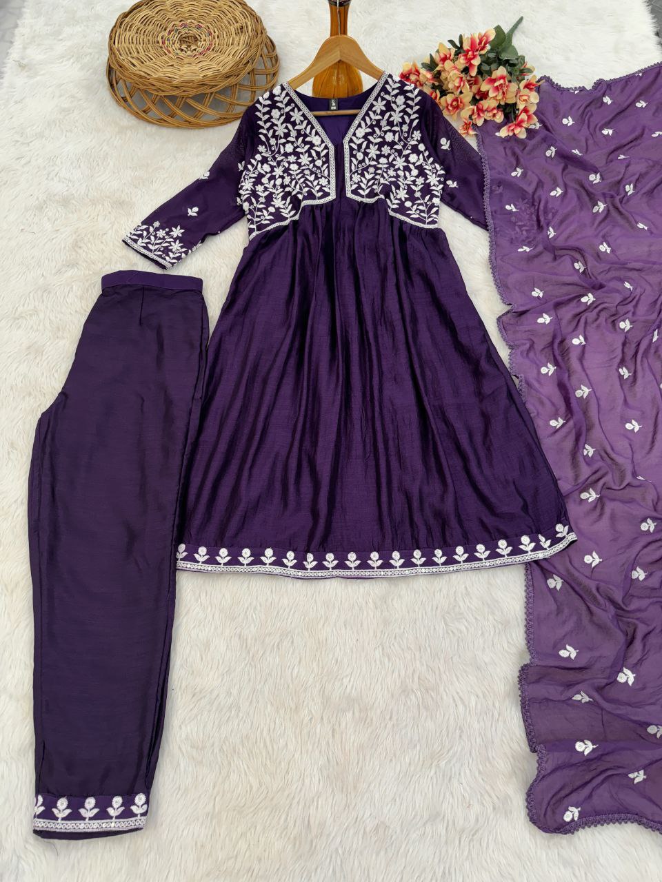 Designer Vichitra Silk Kurta Pant With Dupatta