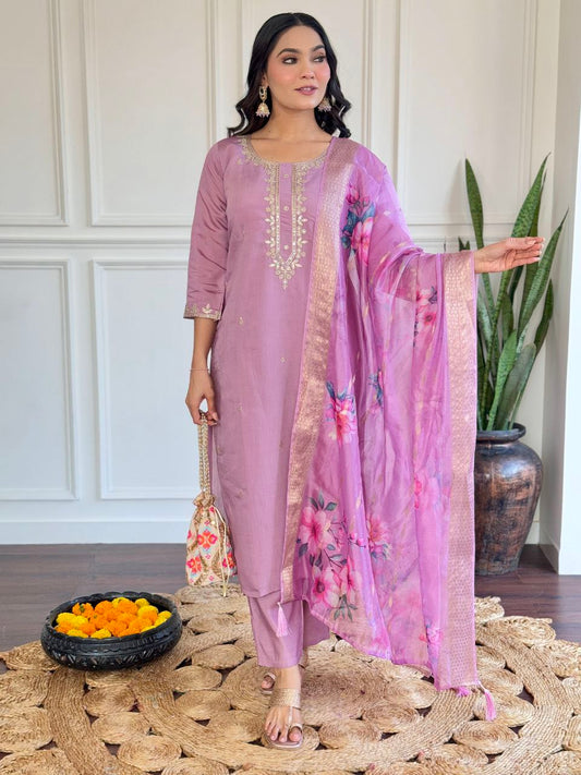 Designer Vichitra Silk Kurta Set With Dupatta