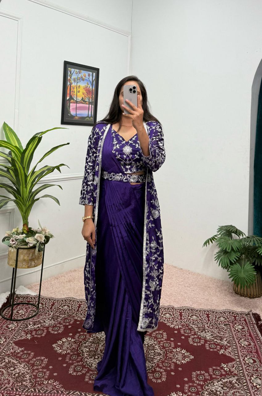 Designer Ready To Wear Chinon Silk Saree