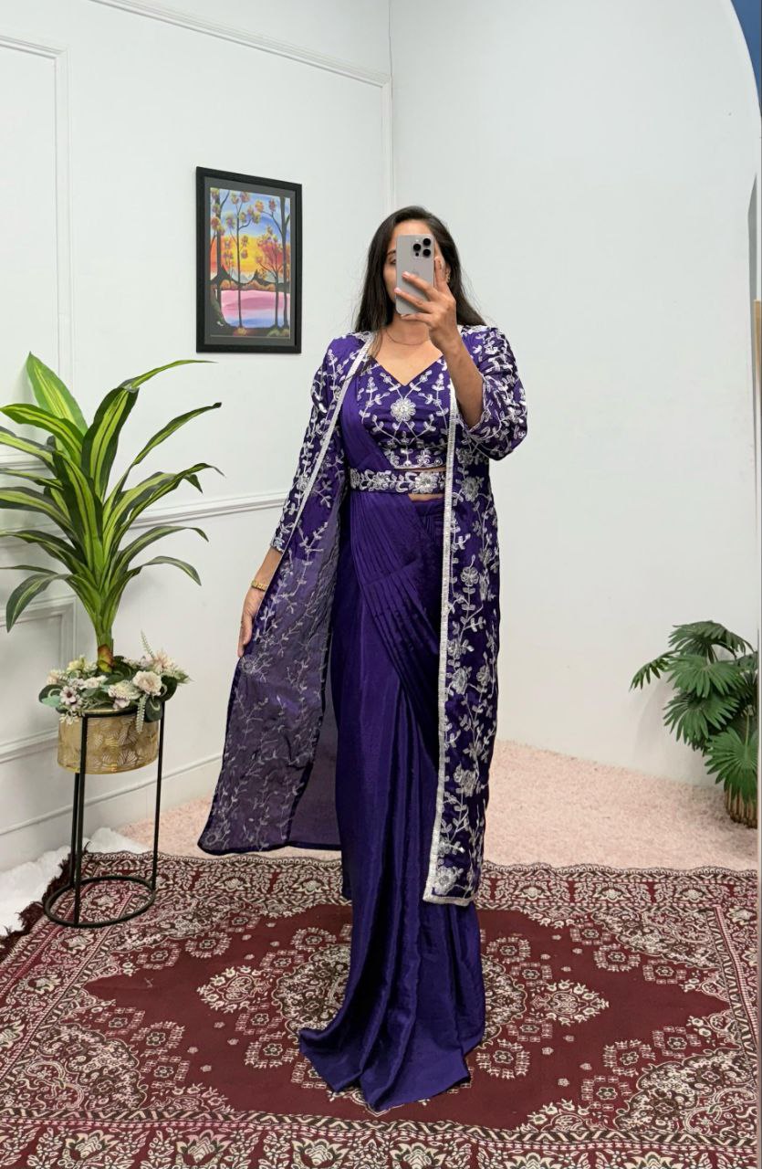 Designer Ready To Wear Chinon Silk Saree