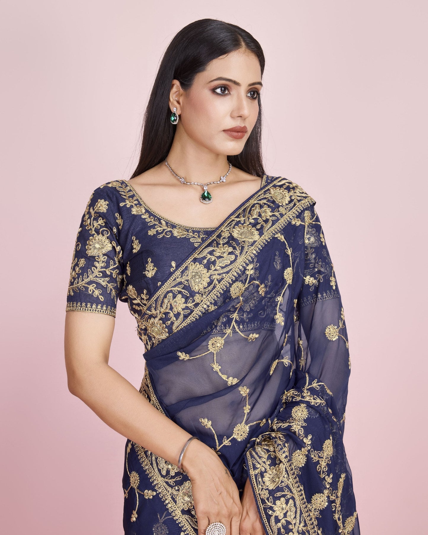 Designer Navy Wedding Wear Taby Silk Organza Saree