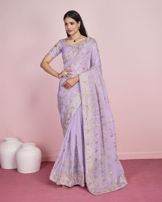Designer Lavender Wedding Wear Taby Silk Organza Saree