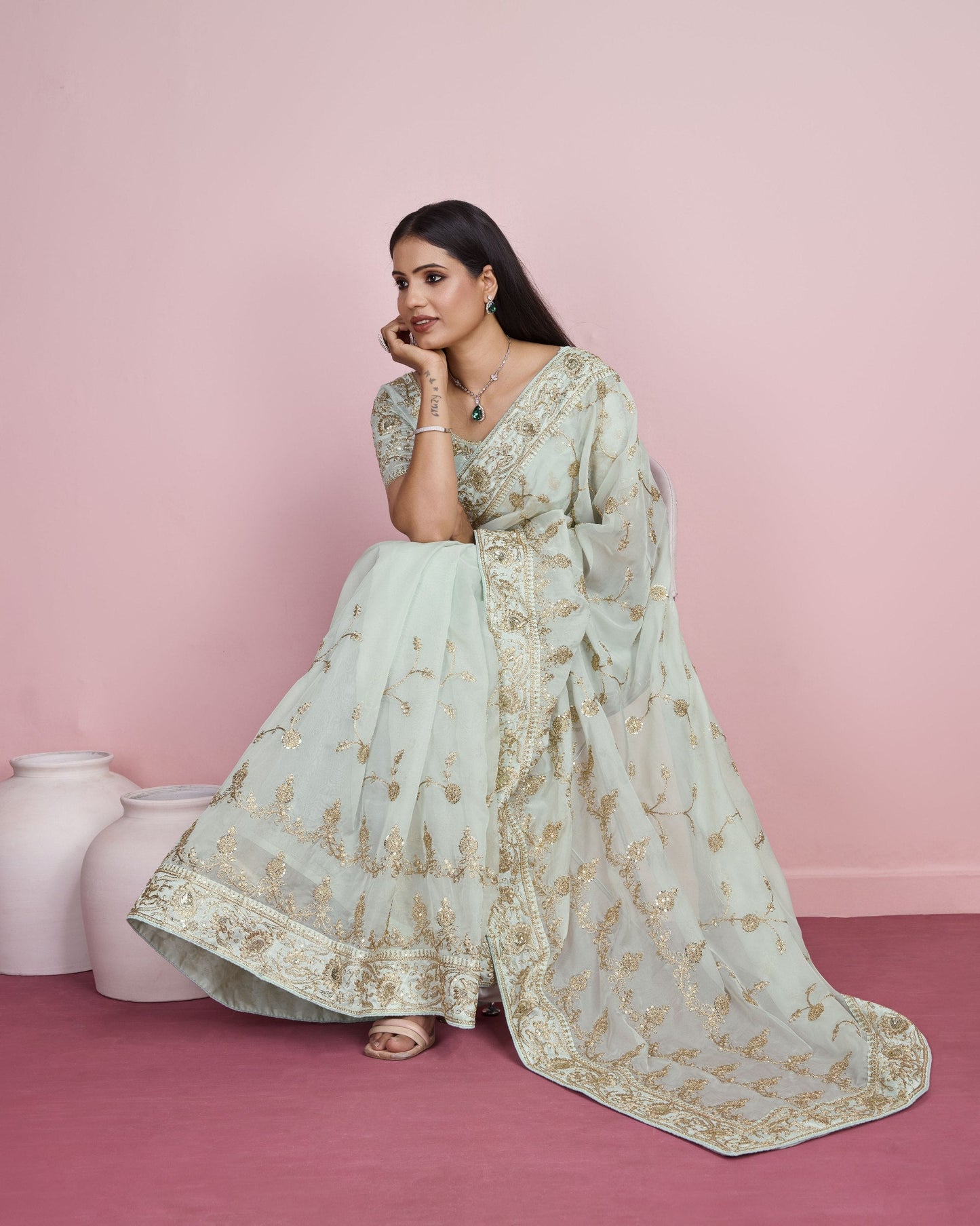 Designer Pista Wedding Wear Taby Silk Organza Saree