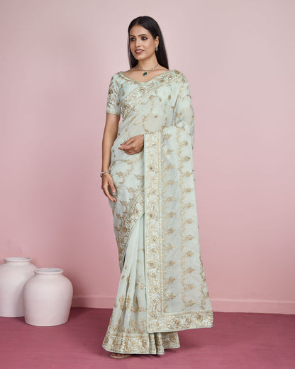 Designer Pista Wedding Wear Taby Silk Organza Saree