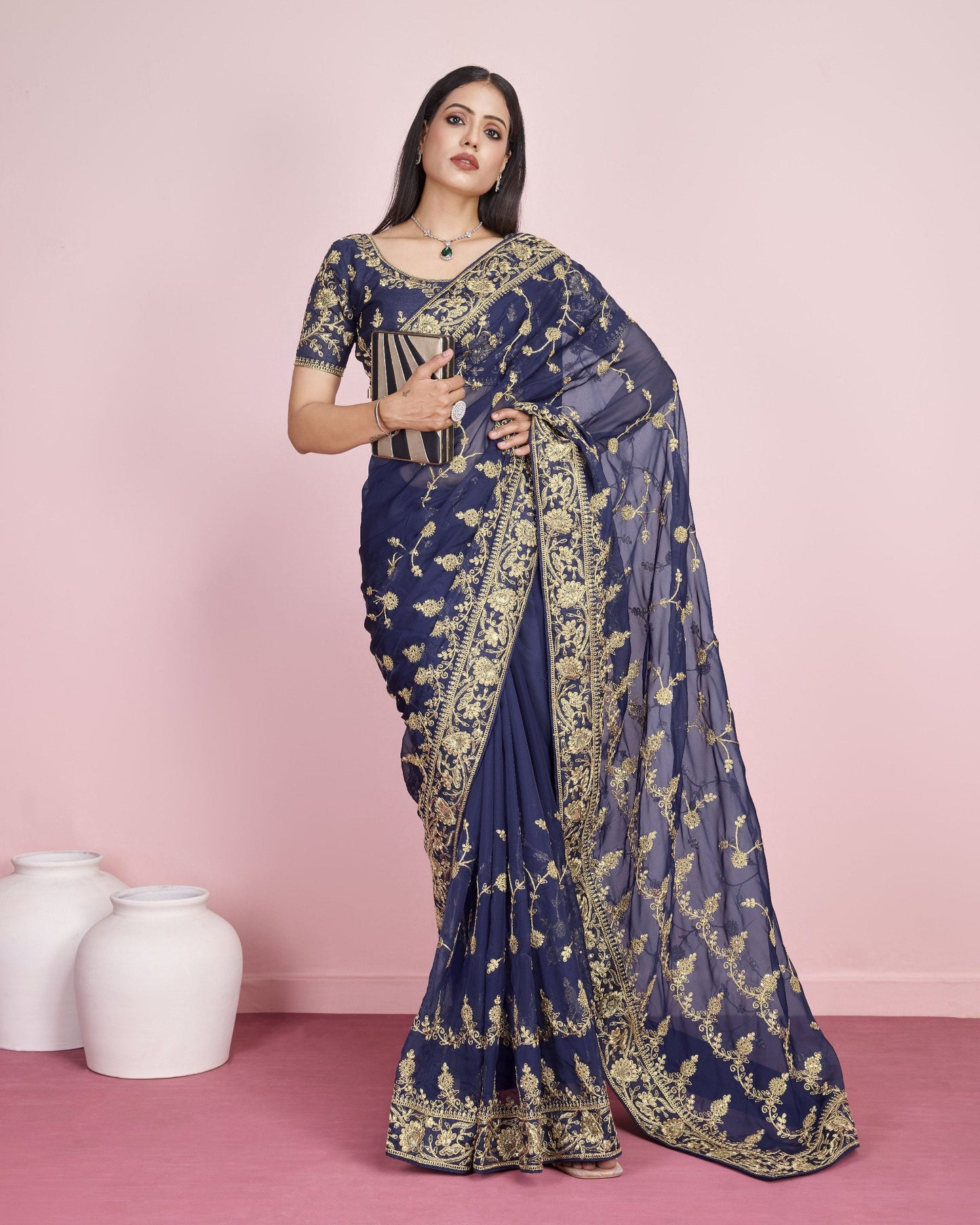 Designer Navy Wedding Wear Taby Silk Organza Saree