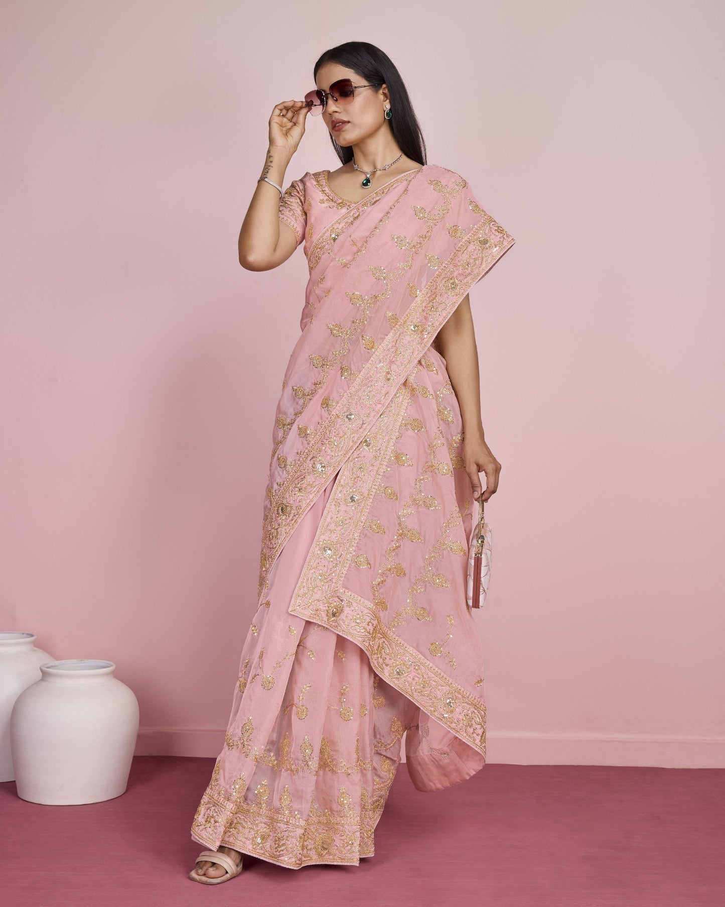 Designer Peach Wedding Wear Taby Silk Organza Saree