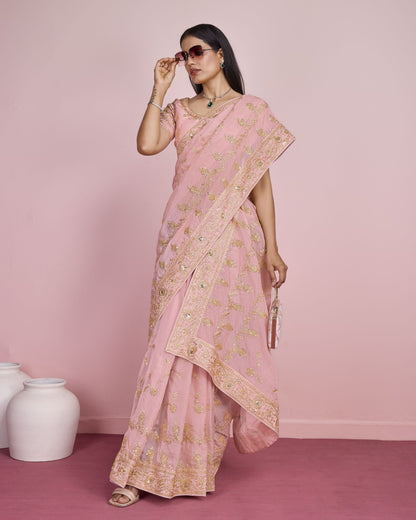 Designer Peach Wedding Wear Taby Silk Organza Saree