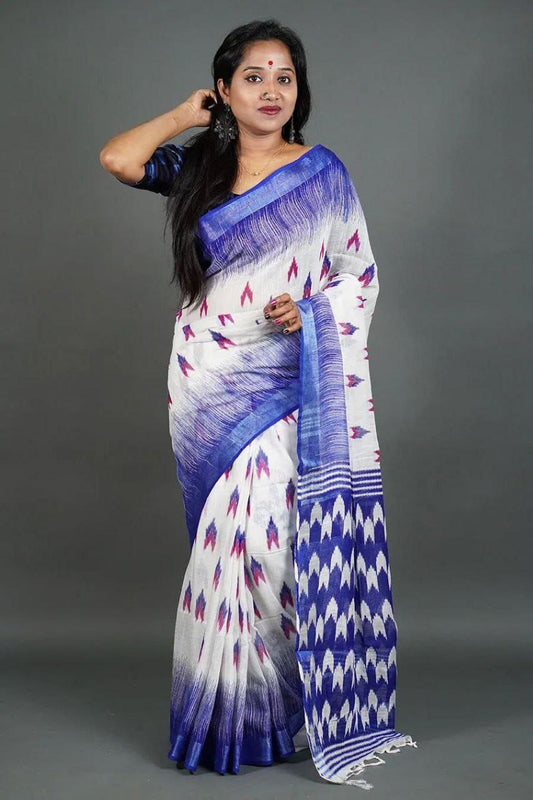 Blue Digital Formal Printed Linen Saree