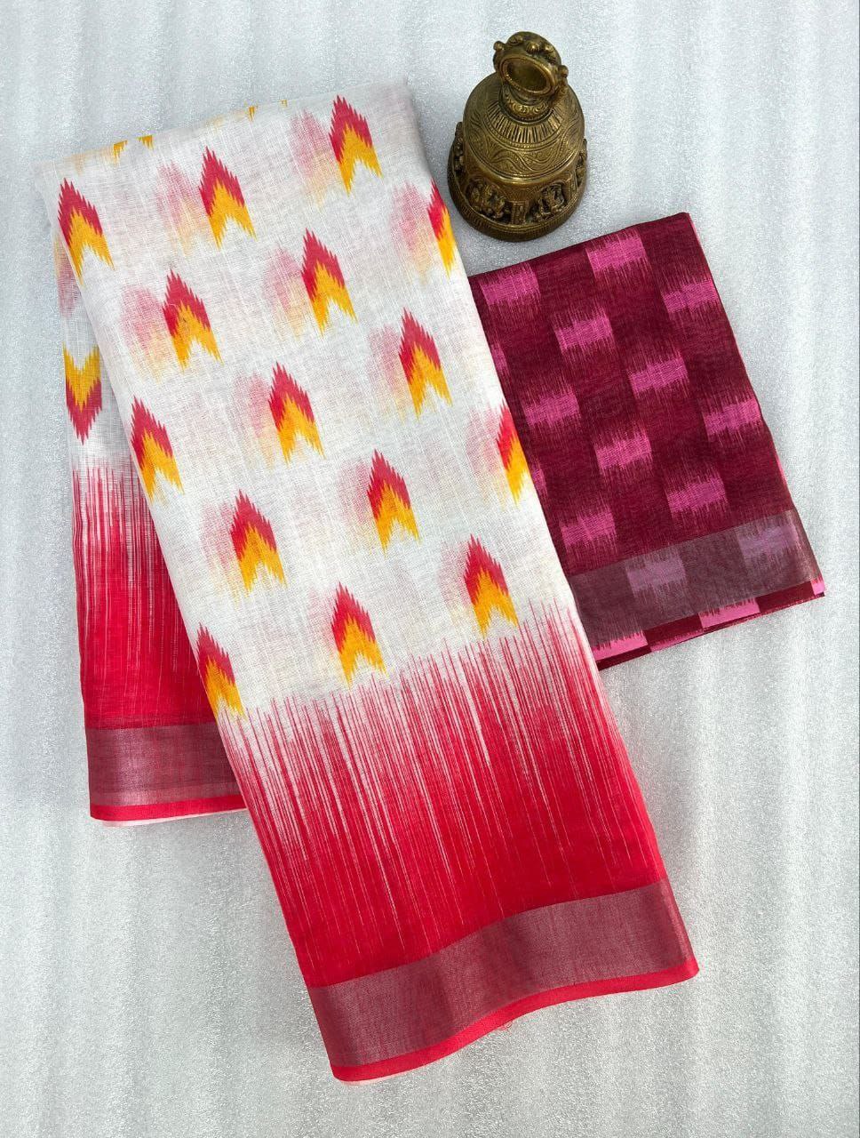 Red Digital Formal Printed Linen Saree