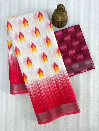 Red Digital Formal Printed Linen Saree