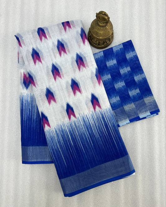 Blue Digital Formal Printed Linen Saree