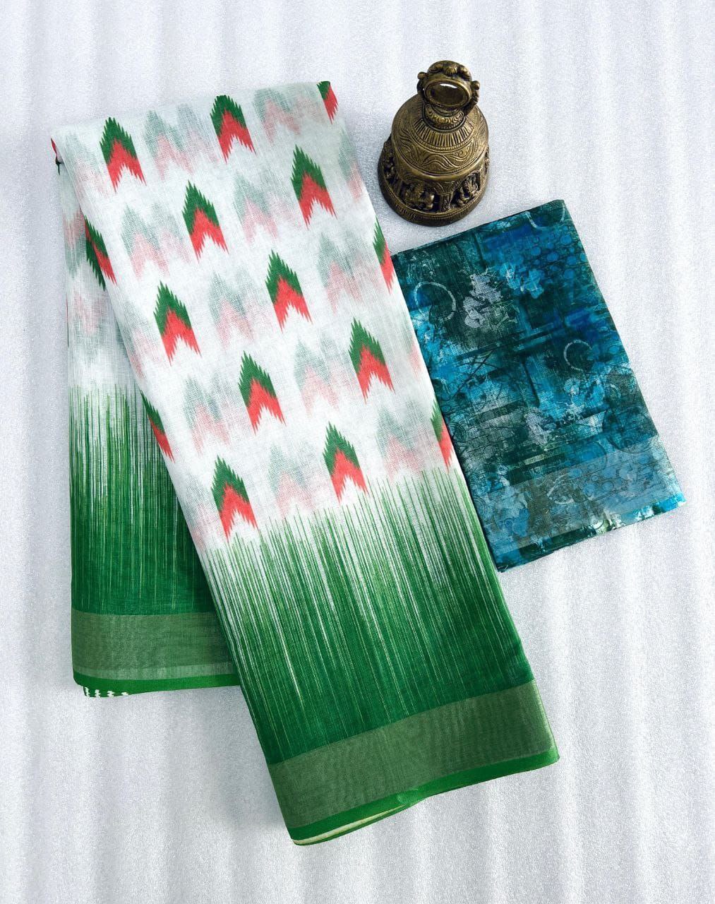 Green Digital Formal Printed Linen Saree