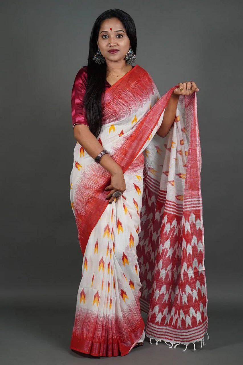 Red Digital Formal Printed Linen Saree