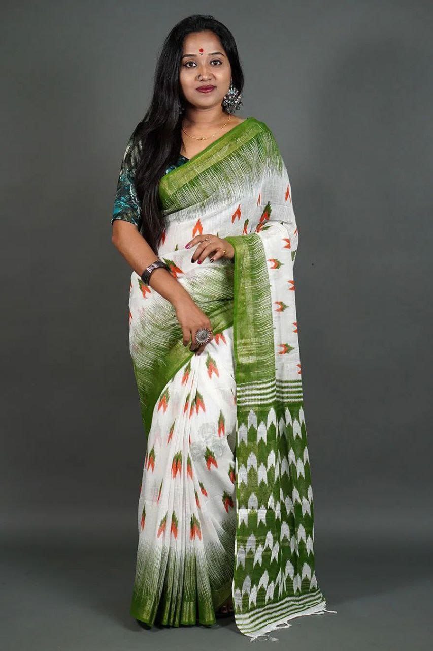 Green Digital Formal Printed Linen Saree