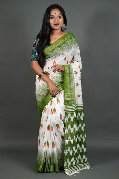 Green Digital Formal Printed Linen Saree