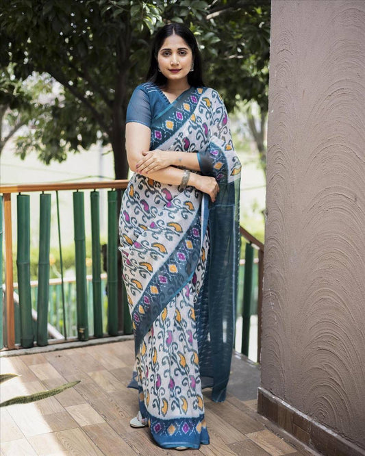 Digital Ikkat Printed Formal Linen Saree