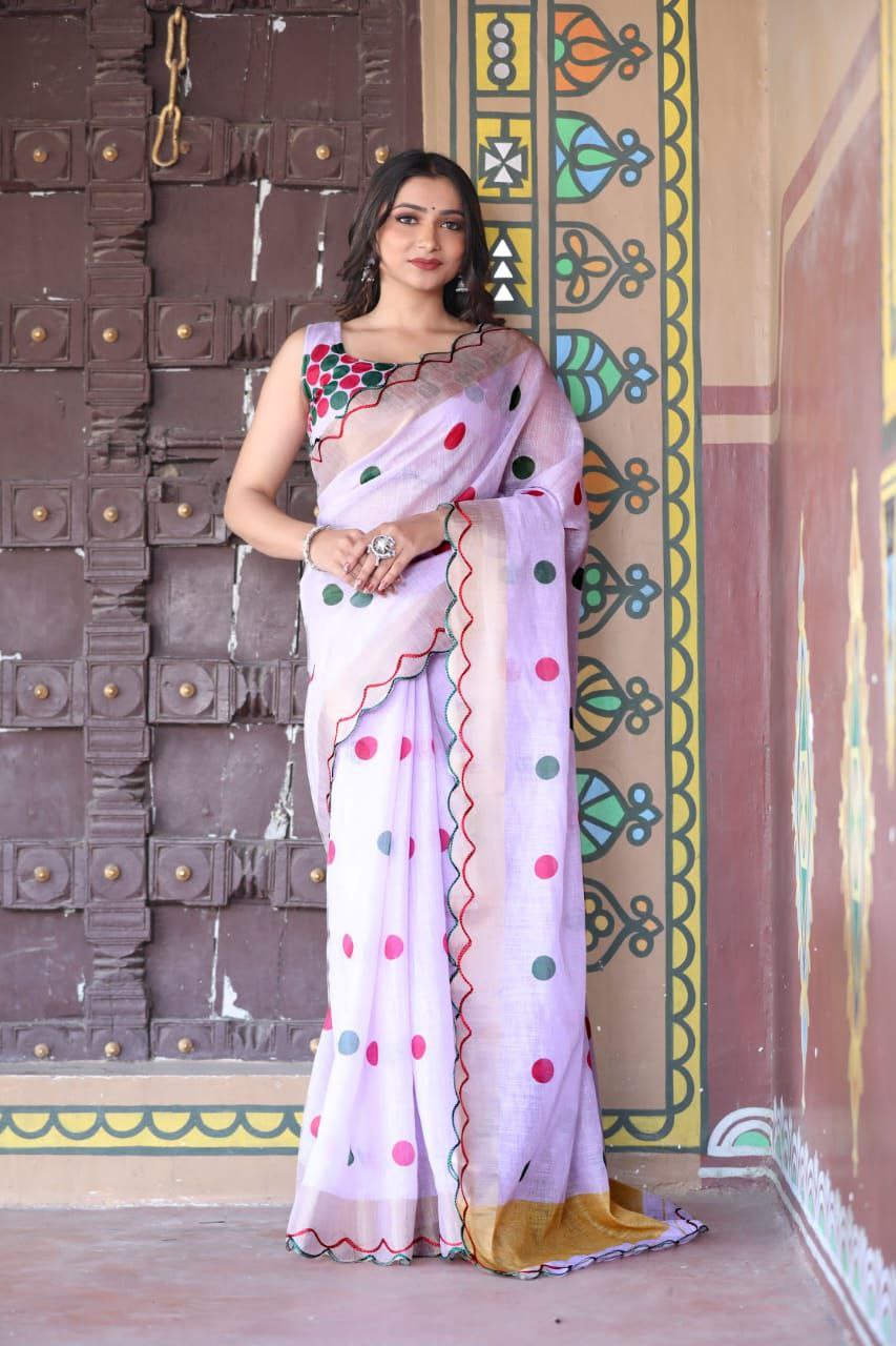 Lavender Digital Printed Linen Saree