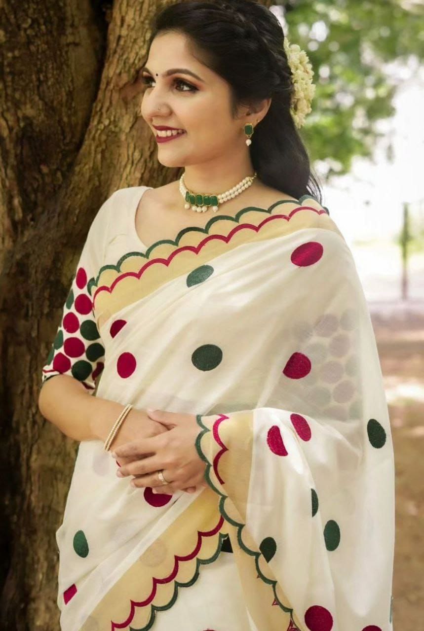 White Digital Printed Linen Saree