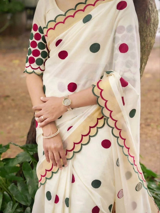 White Digital Printed Linen Saree