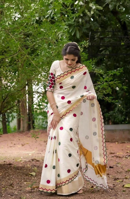 White Digital Printed Linen Saree