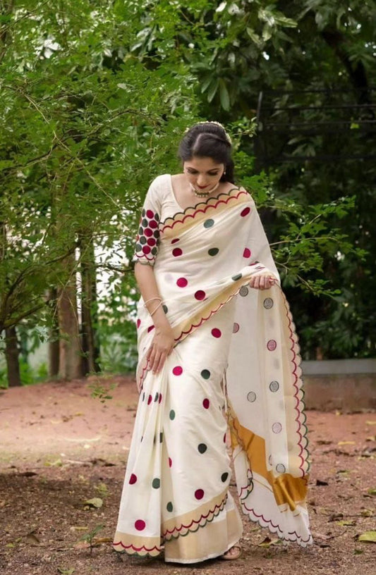 White Digital Printed Linen Saree