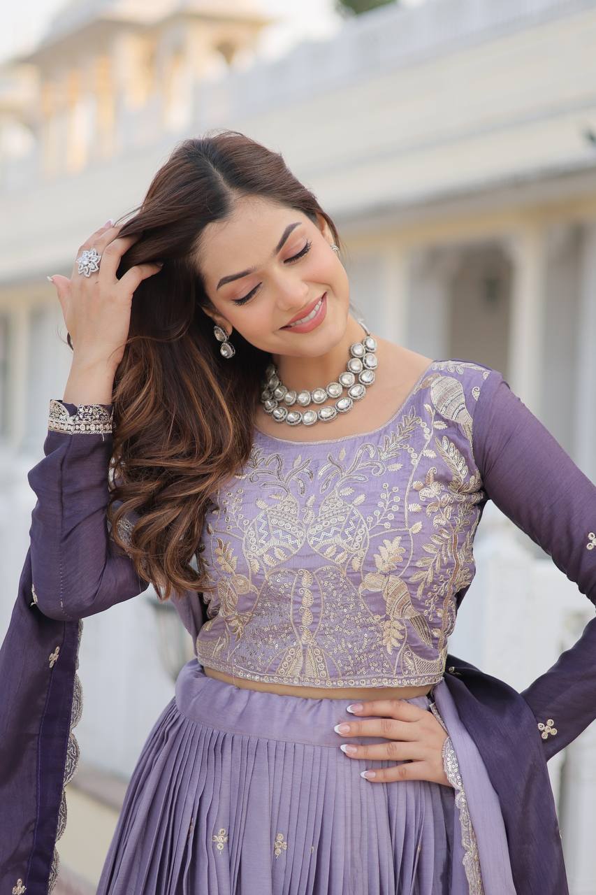 Gray & Wine Lavender Chinon Lehenga Choli For Wedding