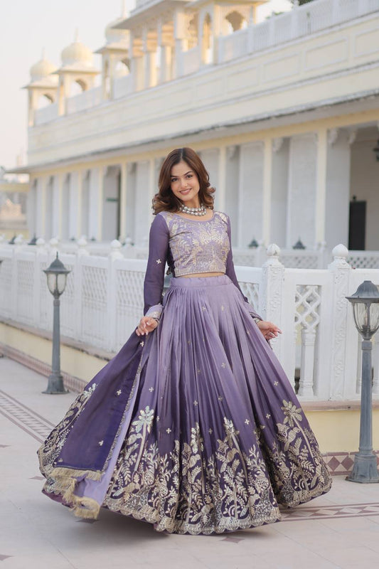 Gray & Wine Lavender Chinon Lehenga Choli For Wedding