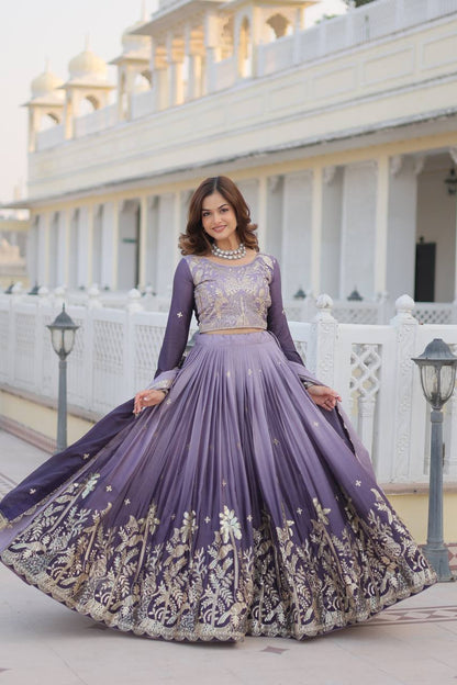 Gray & Wine Lavender Chinon Lehenga Choli For Wedding