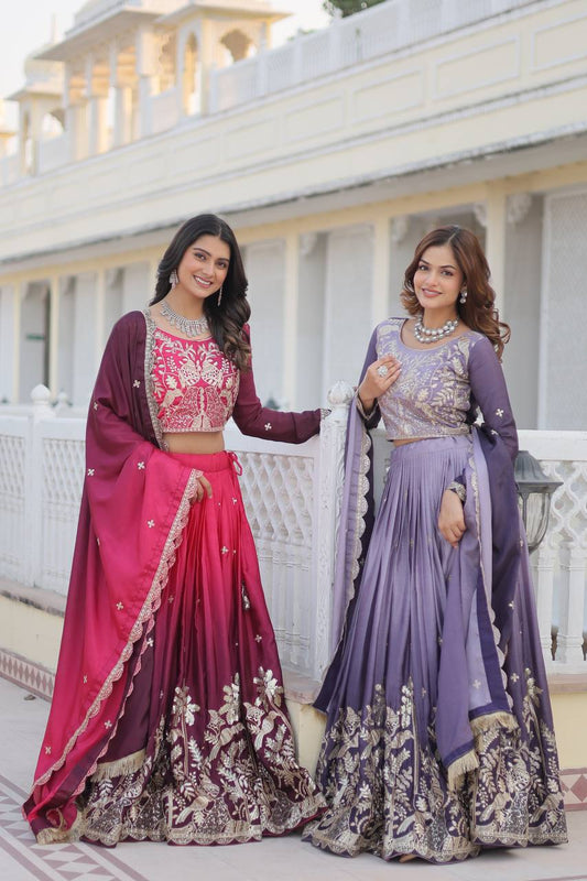 Gray & Wine Lavender Chinon Lehenga Choli For Wedding