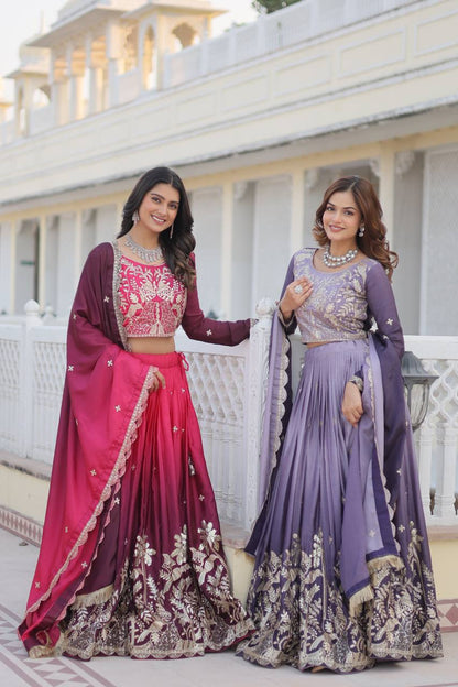 Pink & Wine Lavender Chinon Lehenga Choli For Wedding