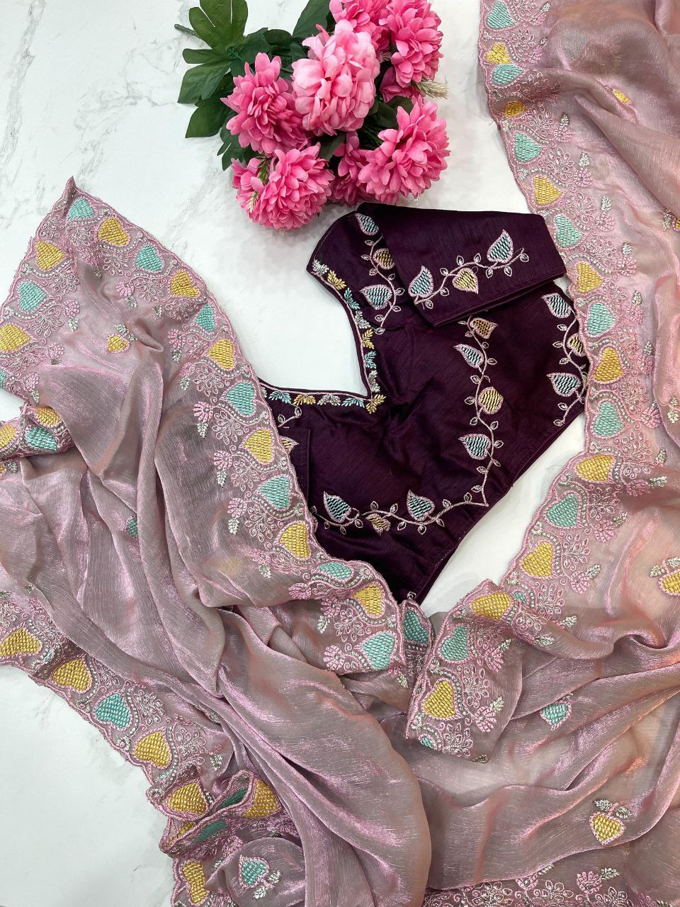 Dusty Lavender Designer Fandy Chiffon Two Tone Saree