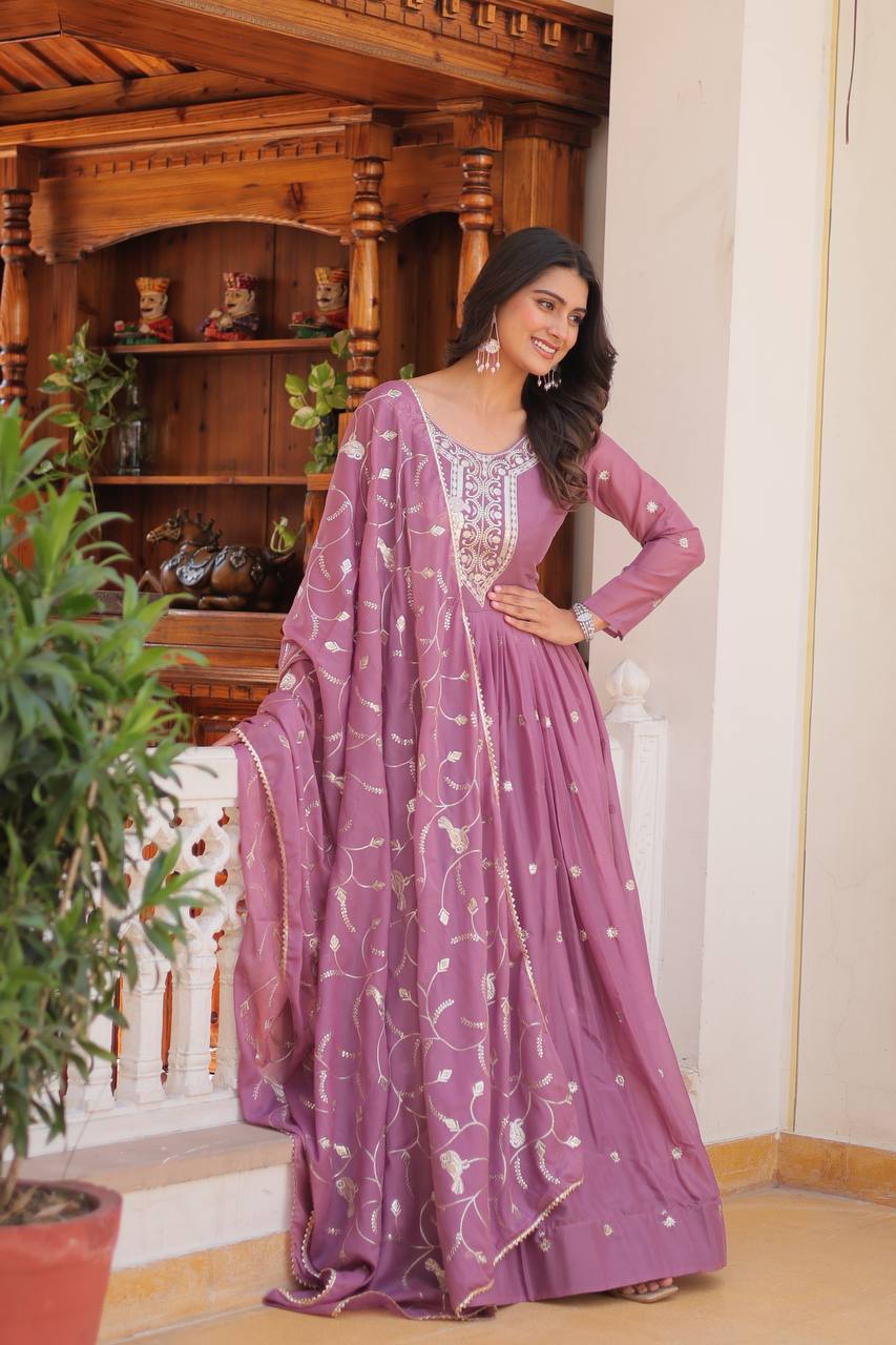 Dusty Lavender Designer Georgette Gown With Dupatta