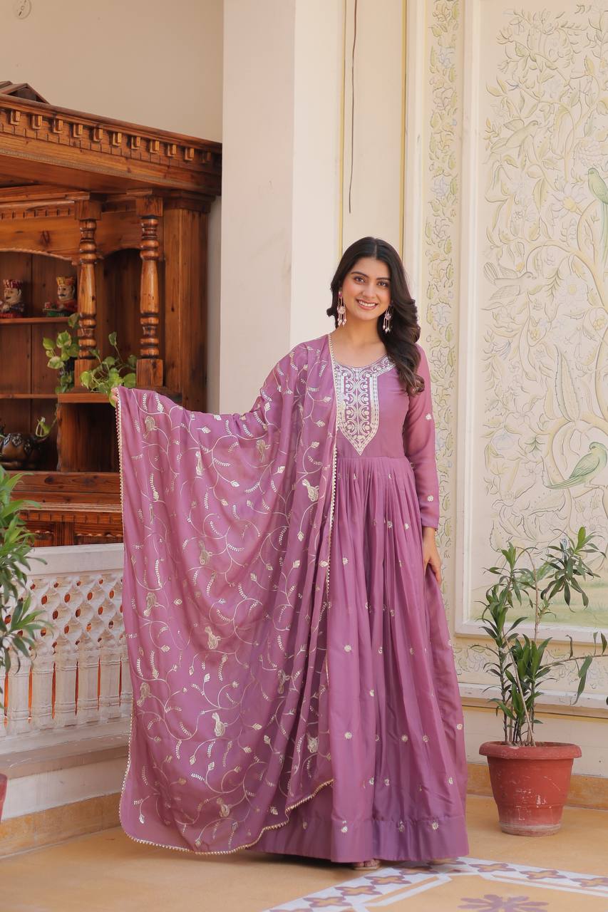 Dusty Lavender Designer Georgette Gown With Dupatta