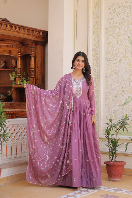Dusty Lavender Designer Georgette Gown With Dupatta