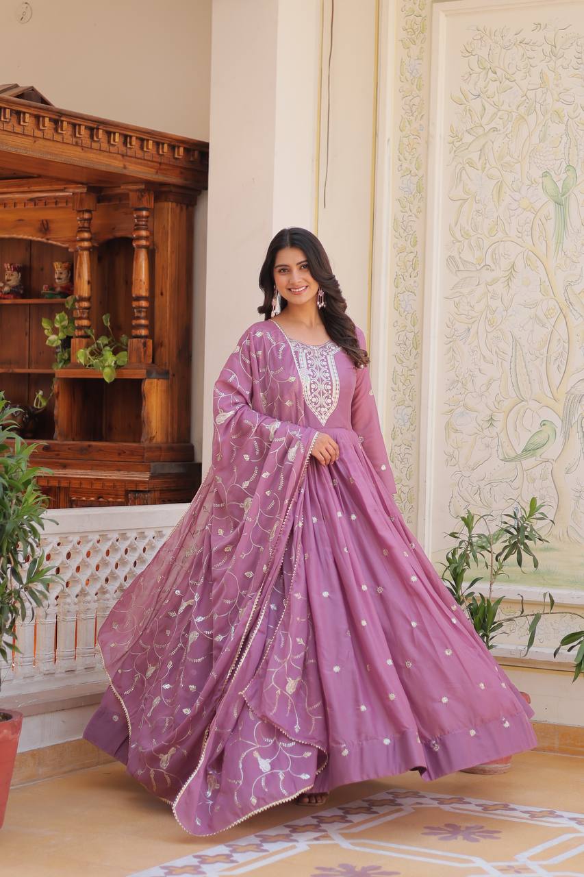 Dusty Lavender Designer Georgette Gown With Dupatta