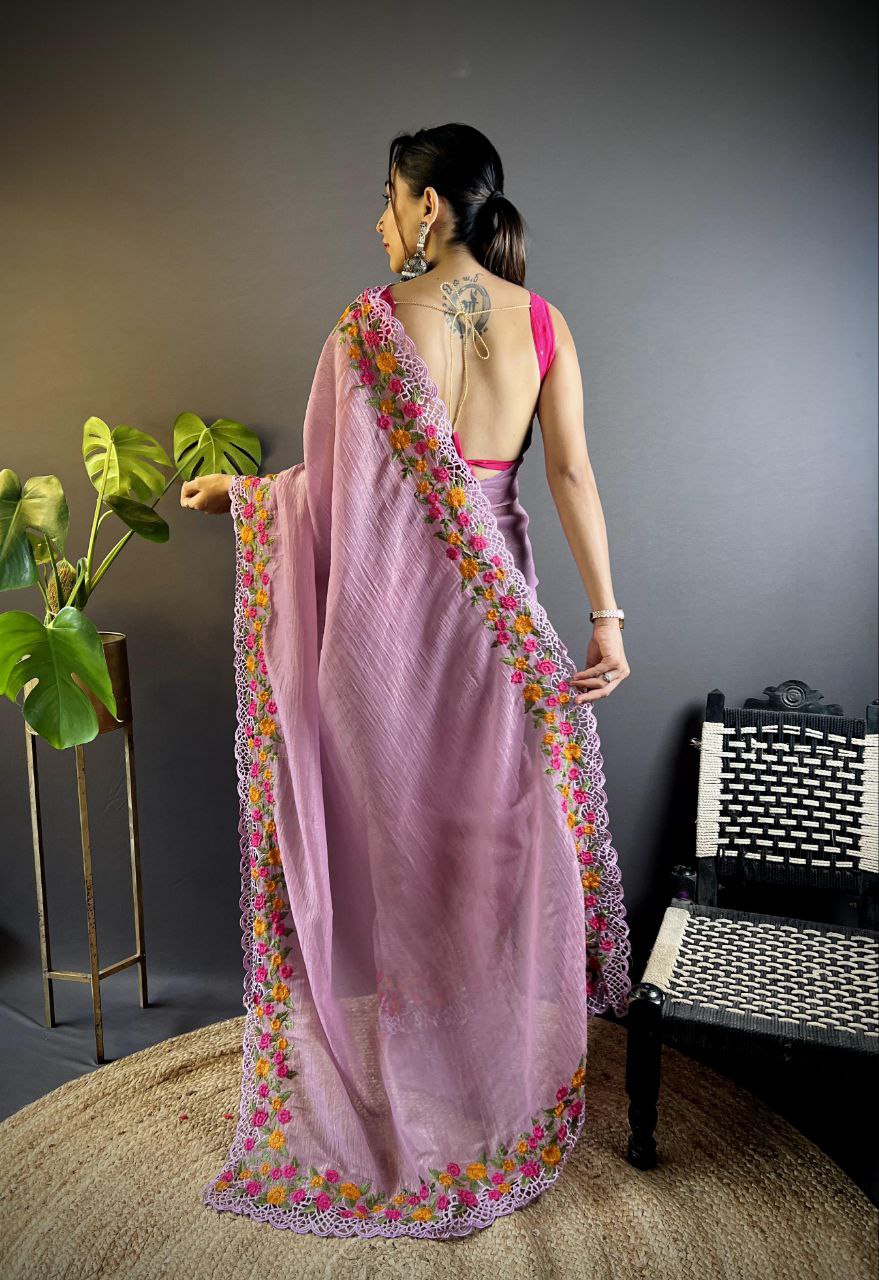 Dusty Lavender Party Wear Gold Crunchy Saree