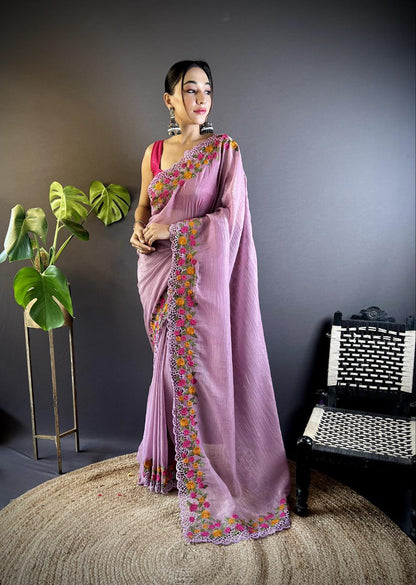 Dusty Lavender Party Wear Gold Crunchy Saree