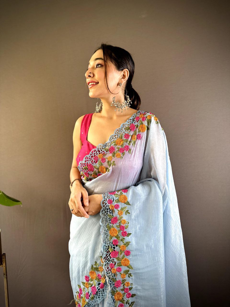 Sky Party Wear Gold Crunchy Saree