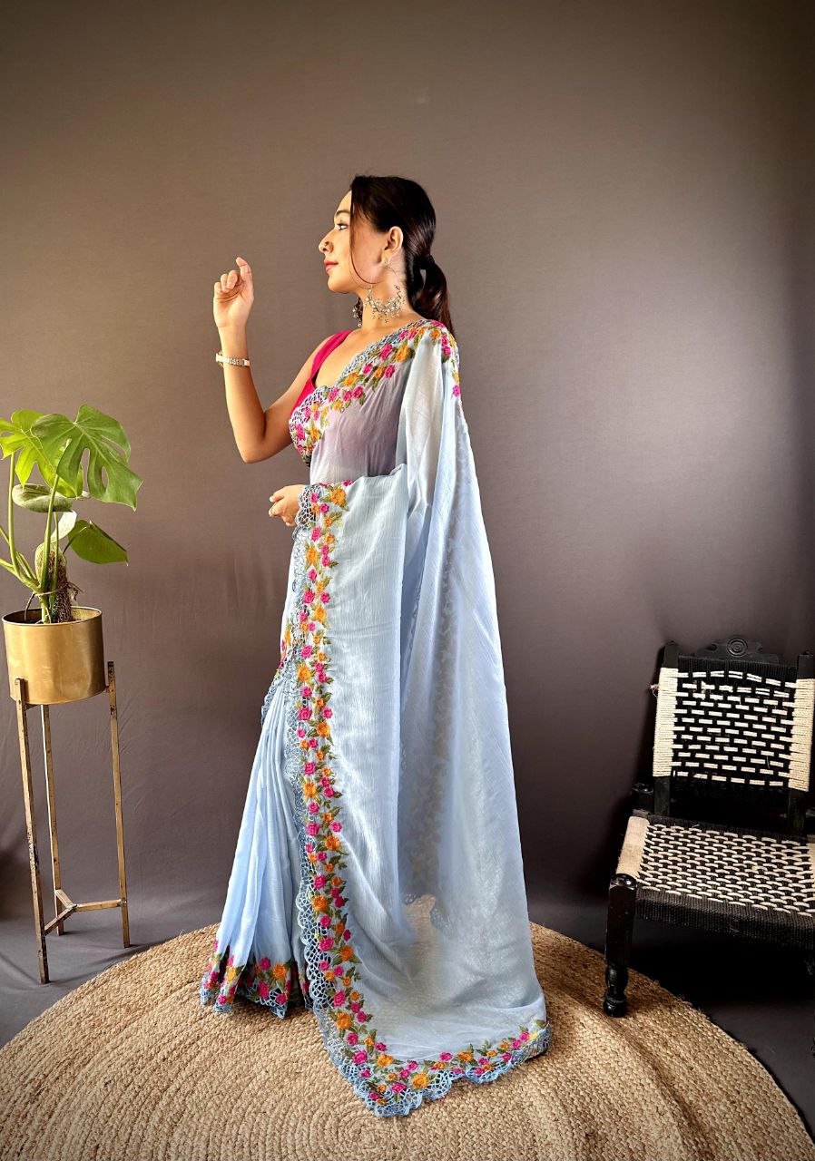 Sky Party Wear Gold Crunchy Saree