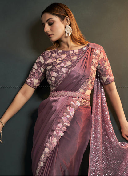 Dusty Pink Stylish Pre-Stitched Saree With Belt | Original Saree