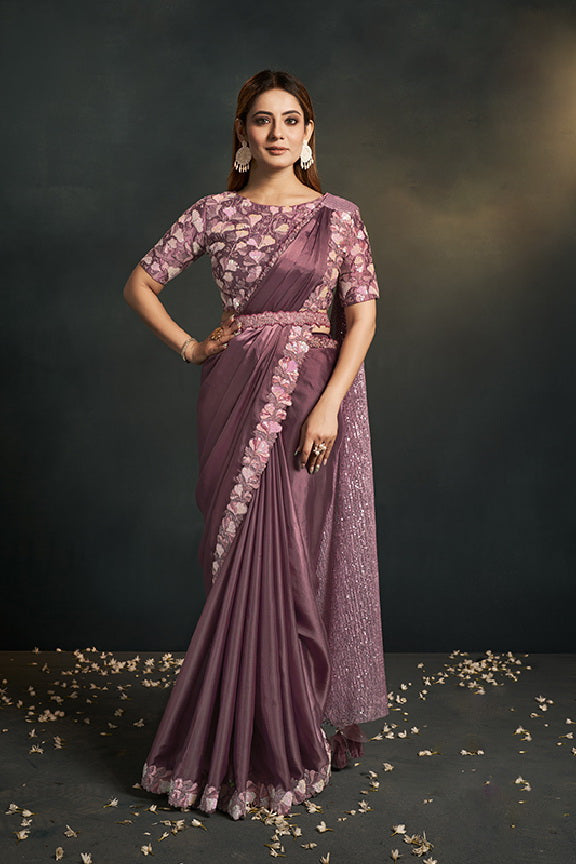 Dusty Pink Stylish Pre-Stitched Saree With Belt | Original Saree