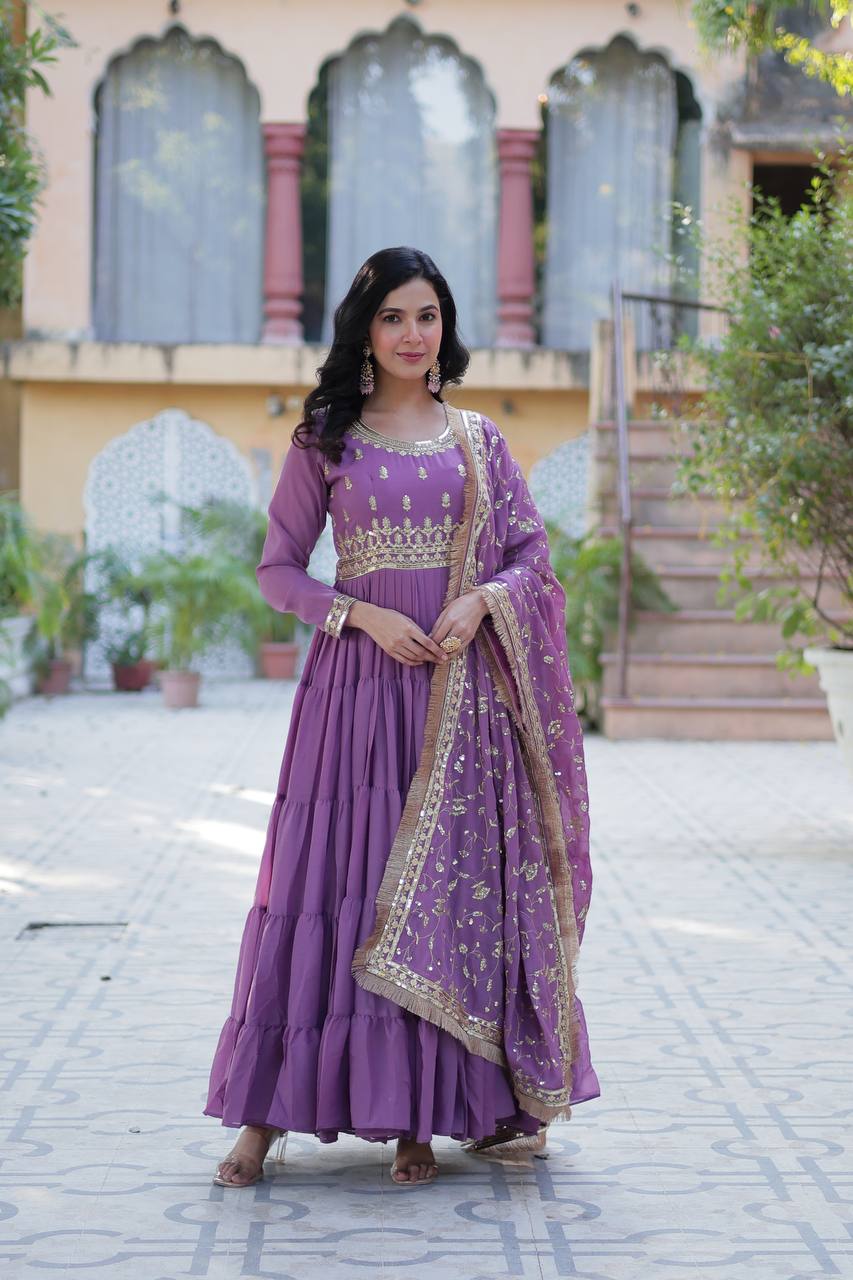 Dusty Purple Designer Georgette Gown With Dupatta