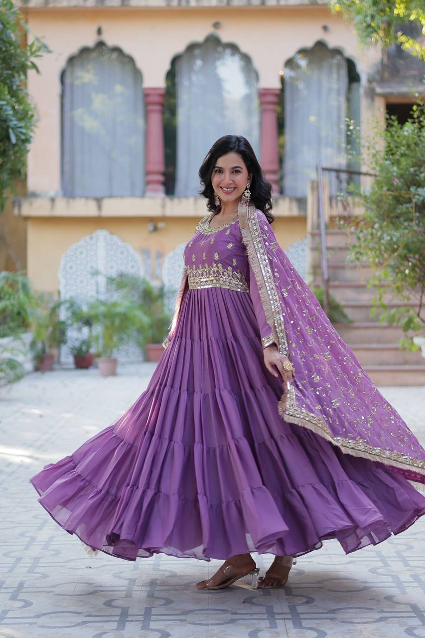 Dusty Purple Designer Georgette Gown With Dupatta