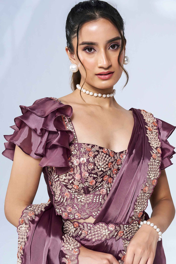 Dusty Purple Stylish Ready Made Satin Silk Saree With Belt | Original Saree