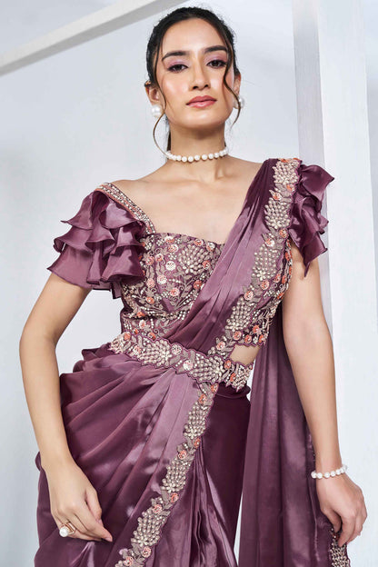 Dusty Purple Stylish Ready Made Satin Silk Saree With Belt | Original Saree