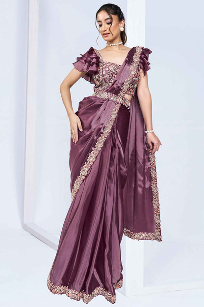 Dusty Purple Stylish Ready Made Satin Silk Saree With Belt | Original Saree