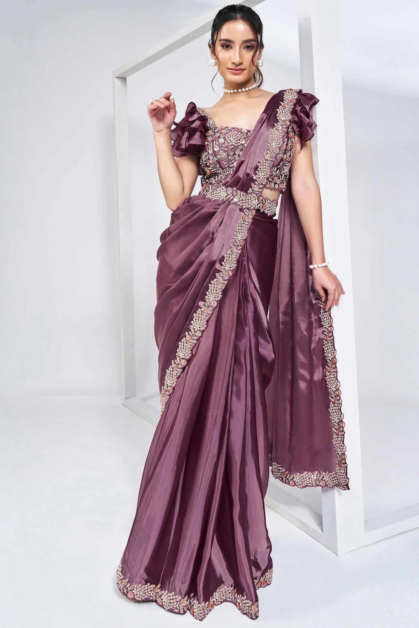 Dusty Purple Stylish Ready Made Satin Silk Saree With Belt | Original Saree