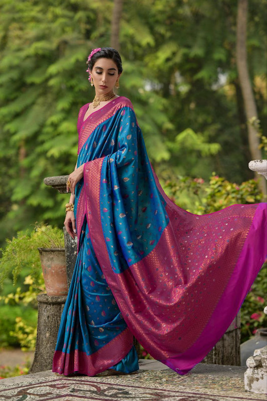 Elephant Blue Pure Banarasi Silk Saree For Wedding
