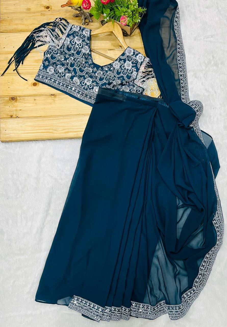 Elephant Blue Ready To Wear Georgette Saree